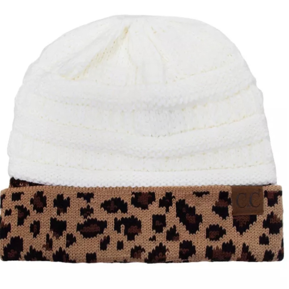 CC Classic Solid Cream With Leopard Cuff Beanie